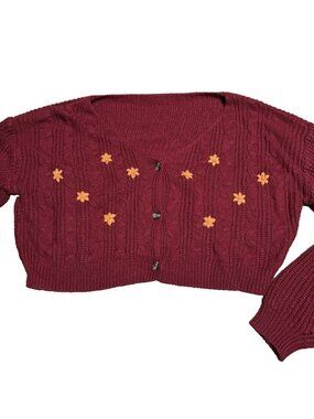 Shein Oversized Crop Sweater Women's Size S Dark Red w/ Orange Flowers